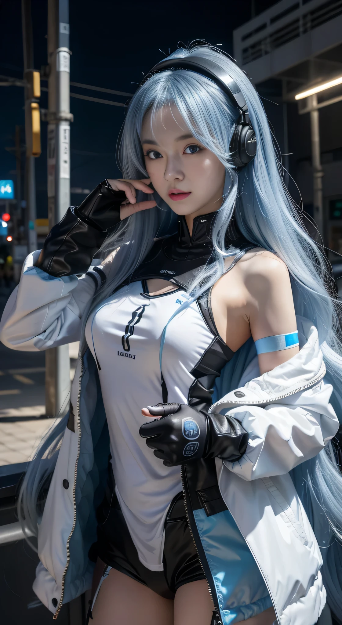 one-girl,Light blue slightly curly long hair, posture,High temperament and coldness,Long messy hair,blue color eyes,White long eyelash headphones,The mouth is closed,No teeth exposed,rainbowing,cyber punk personage,The environment is ,detailedfacialfeatures,8K,hyper HD,the detail(1:2),电影灯光,illuminate warmly,looking at viewert,鎖骨,b No clothes on the shoulders,复杂,rich graphics,Mizore,真实感