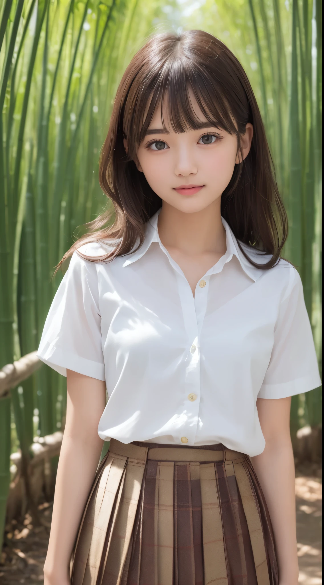 bamboo forrest,ssmile、Original photography、(((ultimate beauty portrait)))、((glistning skin))、1 girl、Beautiful 15 year old girl from Prague、bright expression、((Brown hair)))、(Plaid pleated skirt:1.5)、((Big eyes sparkling like gems))、Cardigan shirt、Open your clothes、lace hose、Skin glows、(Medium hair)、(silk ponytail)、(everlasting)、eyeline、beautiful bangs、hair between eye、((tmasterpiece、quality、ultra - detailed、movie light lighting、Complicated details、A high resolution、The content is very detailed))、Background with、8 gourde、Digital SLR、gentlesoftlighting、高quality、filmgrain、XT3 、shallowdepthoffield、Natural soft light、Shang Ming、plump bust