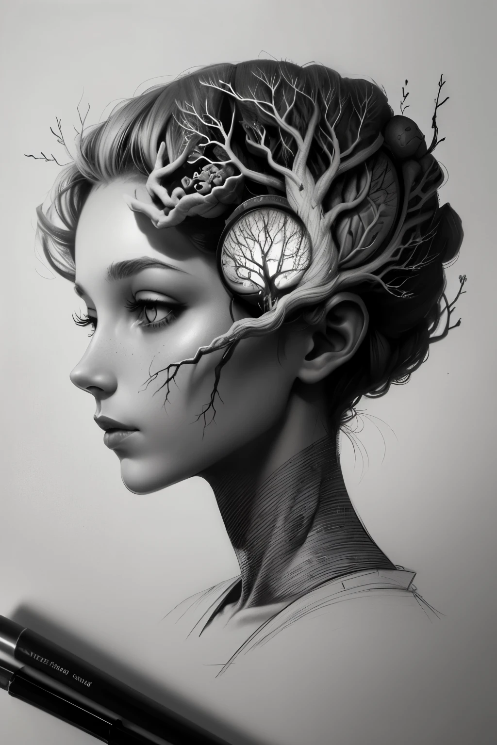 Trees and brains combined，a sketch，sketch，pencil，imagination，Black and white