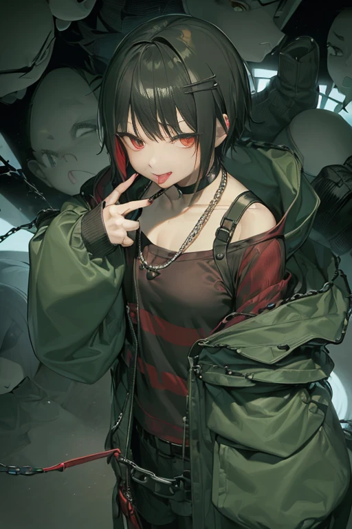 ((flat breasts))、((thin-waist))、short stature、de pele branca、((khaki hooded coat、Red and black horizontal striped shirt、short-hair、Black hair with red mesh、hair pin、Red cheeks、sticking out the tongue、a choker、Chain Necklace))