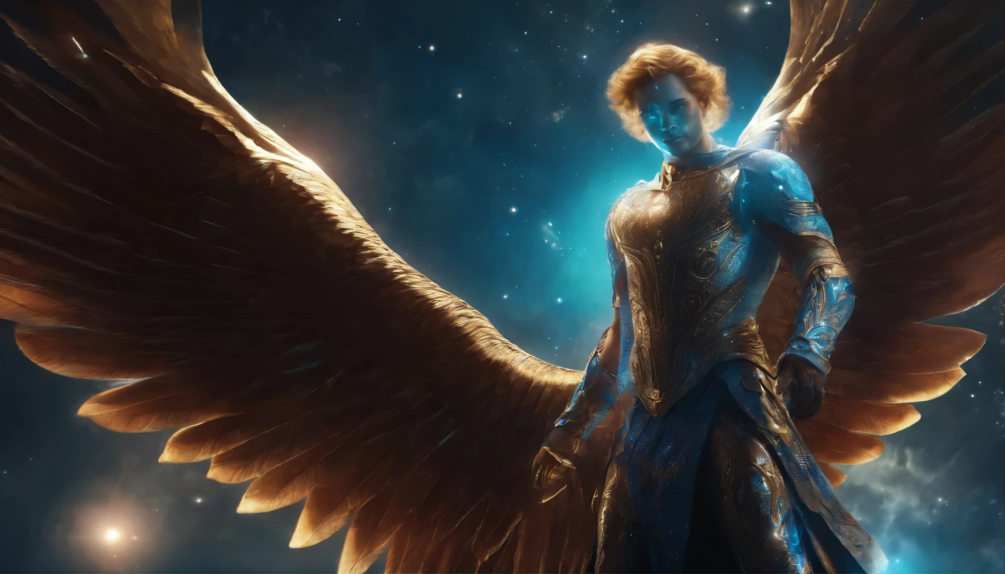 fallen male angel of the universe, bright and clear eyes, Biomechanical, funny, terrifying, nightmarish, Very bright colors, light Particle, In bright light, Musif, Wallpaper Art, UHD wallpapers