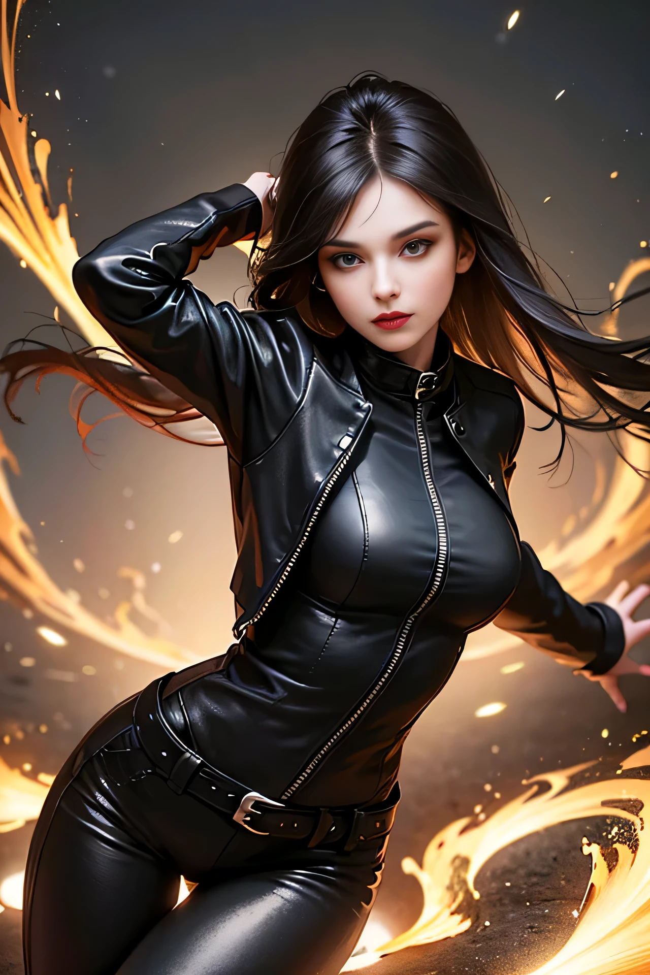 (skindentation:1.5), Realistic, Photorealistic, (masterpiece:1.5), concept art, intricate details, highly detailed, photorealistic, octane render, 8k, unreal engine, dynamic pose, best quality, highres, (realistic face:1.1), (hyperrealistic:1.1), (((full_body))), perfect eyes,(shiny skin:1.2), (((hairstyle))), (((perfect handtremely detailed background), ((dynamic background)), ((1girl)), wearing black leather jacket, black leather long pants, black t-shirt, black bootlowing jacket))), ((detailed eyes, high quality eyes, high quality face)), (extremely intricate jacket), long black hair, dramatic, depth of field, bokeh, 4k, (((underworld))), ((standing pose)), lethe river