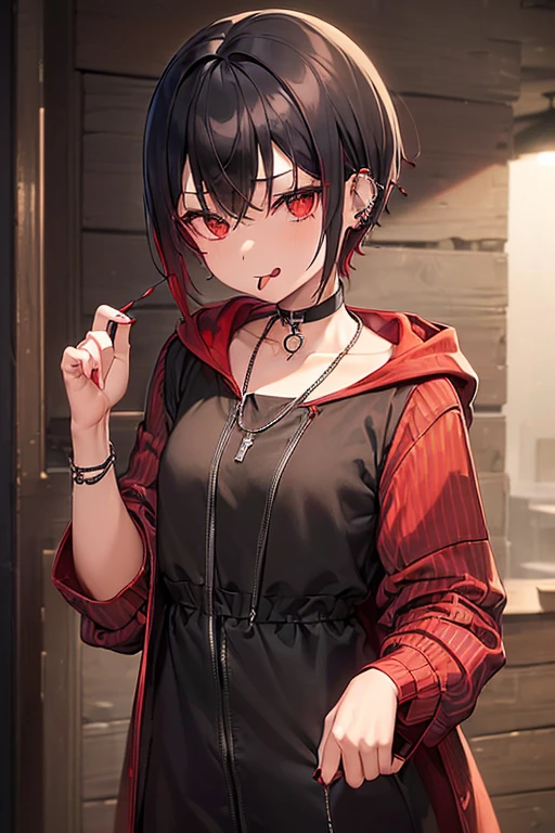 ((1 juvenile))、((flat breasts))、((thin-waist))、de pele branca、((khaki hooded coat、Red and black horizontal striped shirt、short-hair、Black hair with red mesh、hair pin、Red cheeks、sticking out the tongue、a choker、piercings、Chain Necklace))