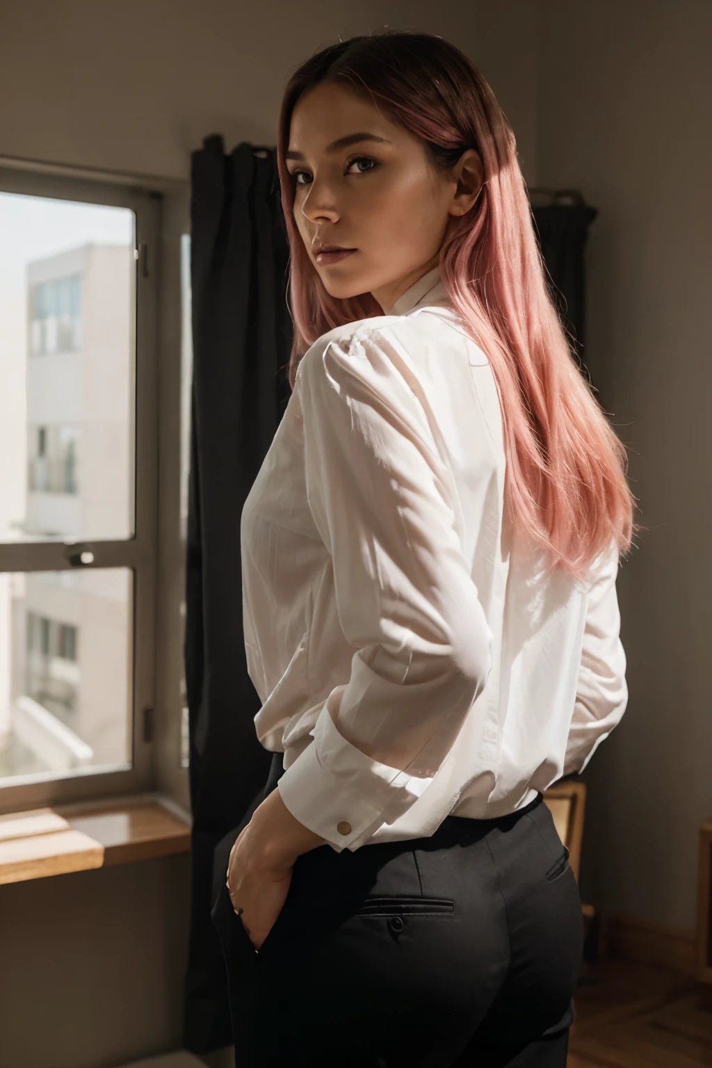 ((photoreal, 4K)), ((Ultradetailed)), Generate ((Makima)) as a slender yet ((commanding figure)) with long, straight ((pink hair)) cascading down her back. Her striking feature is her piercing gaze—sharp, dark eyes, fair skin that exude an air of calm and authority. Makima typically wears a ((stylish)) and formal attire, often seen donning a ((white blouse paired with a ((black)) trousers)), projecting a professional and composed demeanor. Despite her seemingly gentle appearance, there's an enigmatic and slightly unsettling aura about her, hinting at a hidden depth and power that adds to her mysterious allure in the series