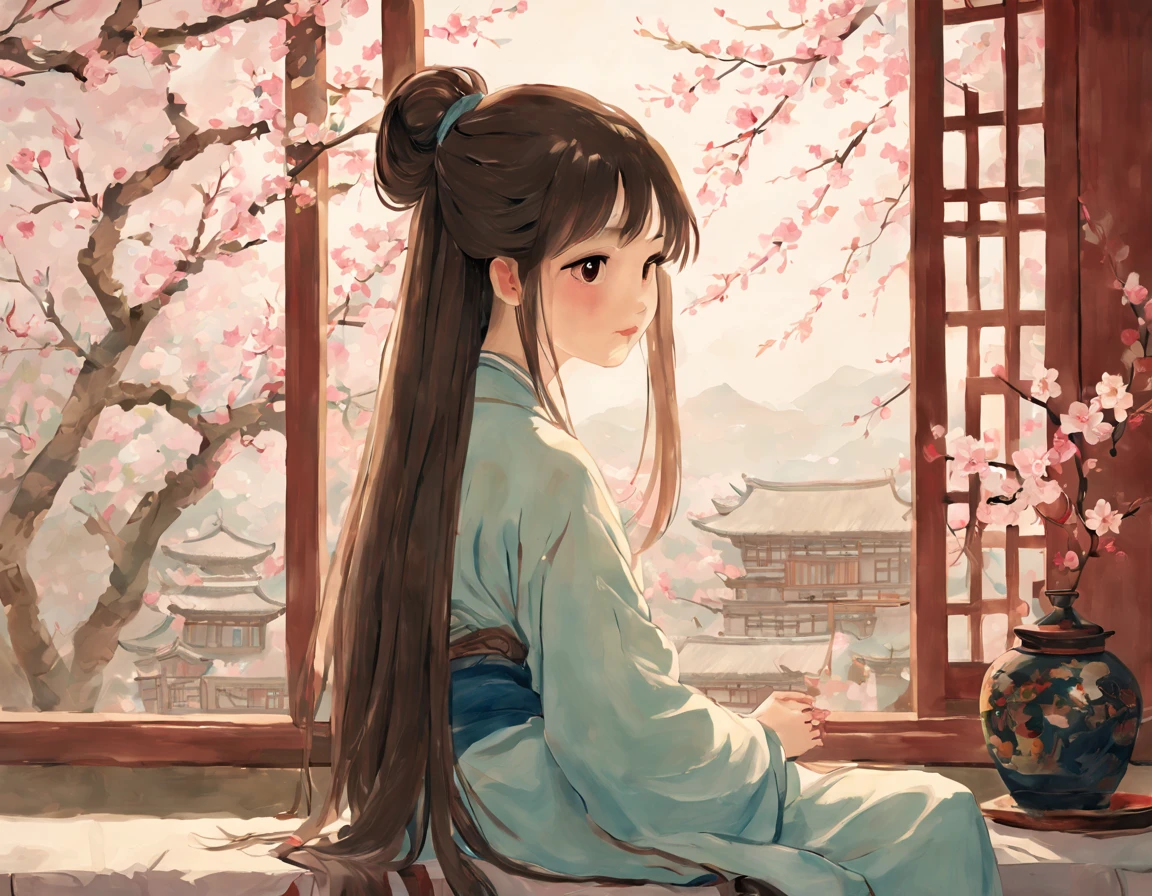 painting of ancient china, there is a back of a young girl sitting in a room in an ancient china house, the young girl has long flowing hair, she is happily looking out of the window, calming atmosphere, peaceful, soft, spring, cherry blossom outside the window, only 1 girl in the picture