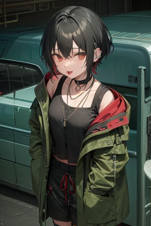 ((1 juvenile))、、((thin-waist))、de pele branca、((khaki hooded coat、Red and black horizontal striped shirt、short-hair、Black hair with red mesh、hair pin、Red cheeks、sticking out the tongue、a choker、piercings、Chain Necklace、Black Cargo Pants))