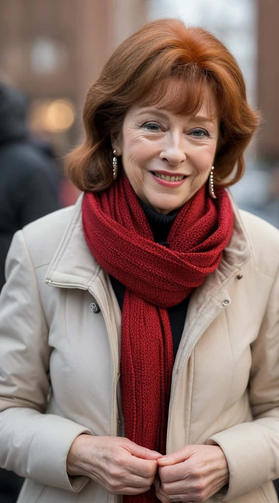smiling woman with a red scarf and earrings, this person does not exist, 60 years old, wearing a winter jacket and leggings with uggs, andrea martin-ann magnuson-annette benning-theresa may-caroline aaron-frances fisher-dana delany-penny marshall-mary barra-blythe danner-susan sarandon-lesley manville merged, entire body visible, full body, hyperrealistic, best quality, 8K, real human skin, masterpiece, extremely intricate, medium closeup, detailed eyes, detailed face, detailed body, exaggerated features, pronounced features