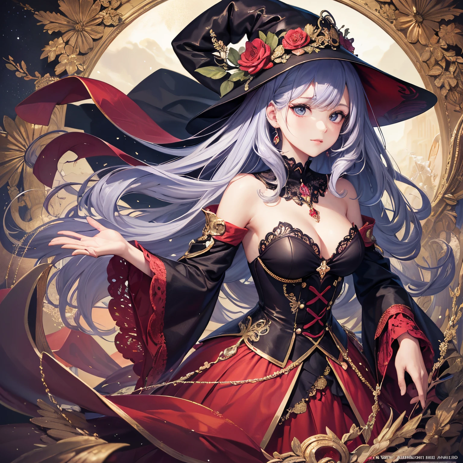masterpiece, best quality, 1girl, solo, hat, blonde-hair, drill-hair, gloves, breasts, blue-eyes, witch-hat, thigh-boots, thighhighs, boots, elbow-gloves, open-mouth, staff, purple-headwear, smile, dress, full-body, simple-background, cleavage, large-breasts, looking-at-viewer, purple-dress, very-long-hair, purple-gloves, holding, purple-footwear, wand standing-on-one-leg, twin-drills, holding-staff, witch, black-footwear, puffy-sleeves
