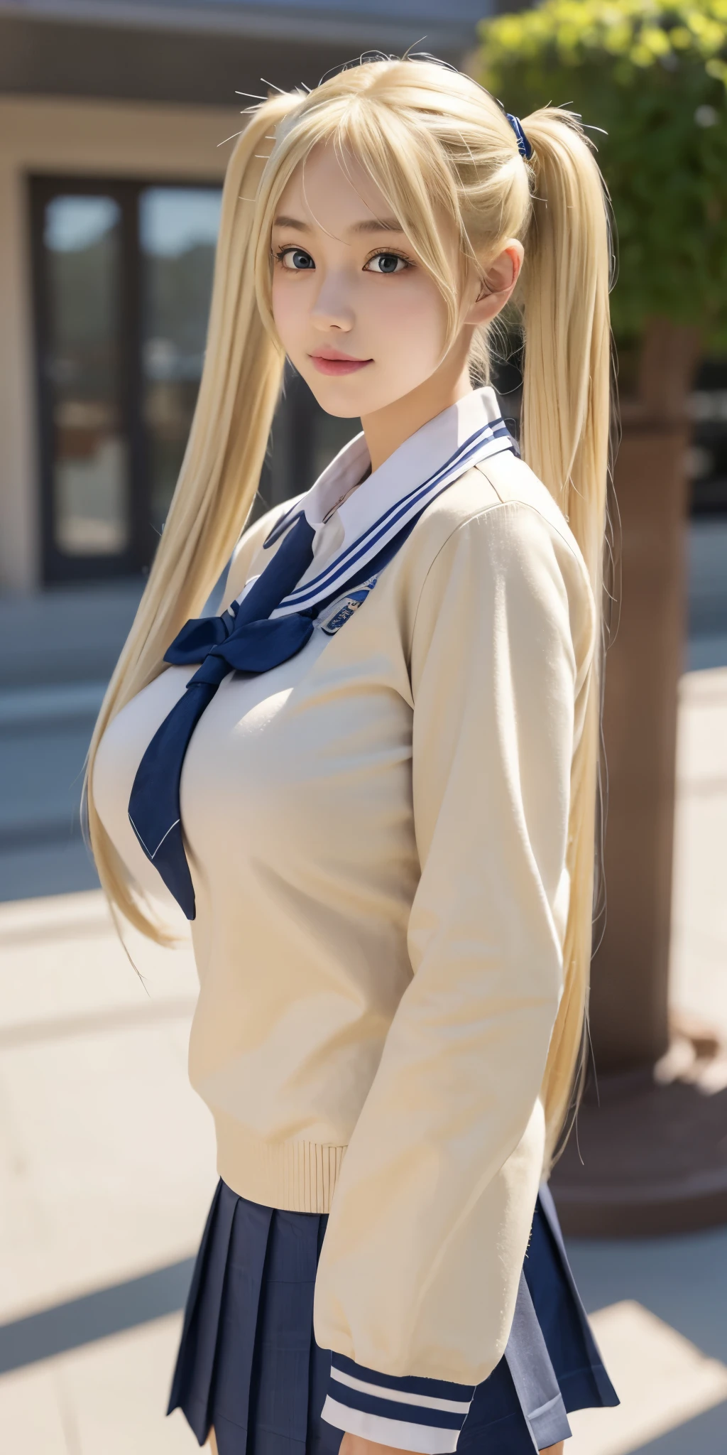 1girl,huge breast, blonde  hair, twintail hair, school uniform high quality, ultra detailed, masterpiece, realistic