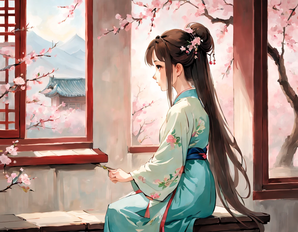 painting of ancient china, there is a back of a young girl sitting in a room in an ancient china house, the young girl has long flowing hair, she is happily looking out of the window, calming atmosphere, peaceful, soft, spring, cherry blossom outside the window, only 1 girl in the picture