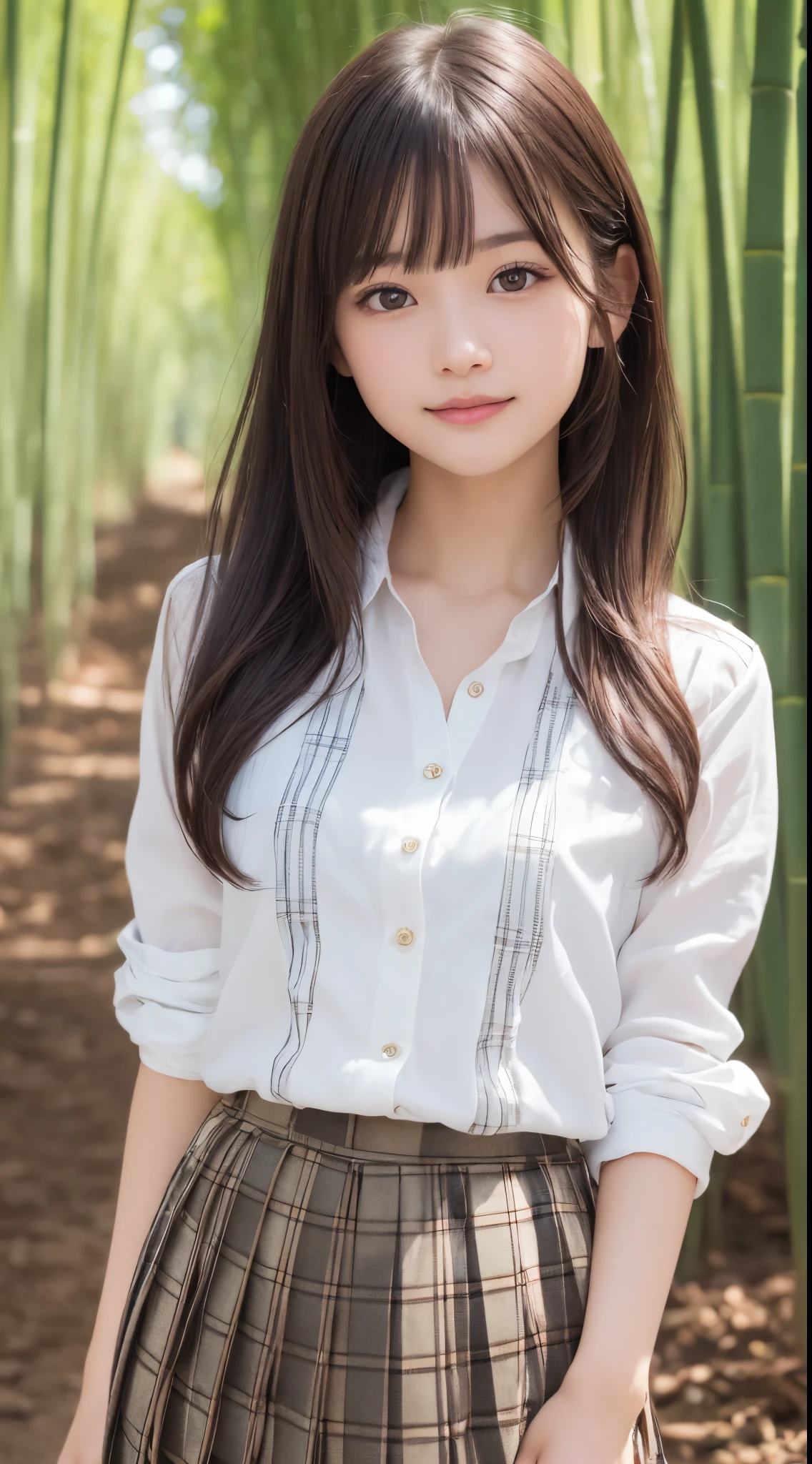 bamboo forrest,ssmile、Original photography、(((ultimate beauty portrait)))、((glistning skin))、1 girl、Beautiful 15 year old girl from Prague、bright expression、((Brown hair)))、(Plaid pleated skirt:1.5)、((Big eyes sparkling like gems))、Cardigan shirt、Open your clothes、lace hose、Skin glows、(Medium hair)、(silk ponytail)、(Eternal)、eyeline、beautiful bangs、hair between eye、((tmasterpiece、quality、ultra - detailed、movie light lighting、Complicated details、A high resolution、The content is very detailed))、Background with、8 gourde、Digital SLR、gentlesoftlighting、高quality、filmgrain、XT3 、shallowdepthoffield、Natural soft light、Shang Ming、plump bust