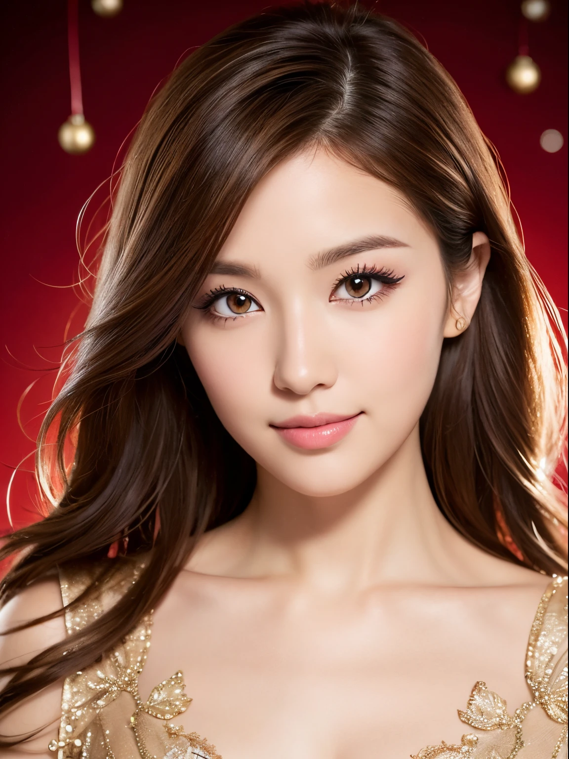 kindly smile,  Best Quality,Above the knee , Christmas Backgrounds ,  masutepiece, hight resolution, (Detailed:1.4), 1 girl, (Natural Eyeliner), light brown hair, Natural-looking makeup, eyeshadows, very thin eyebrows,  Wavy Hair