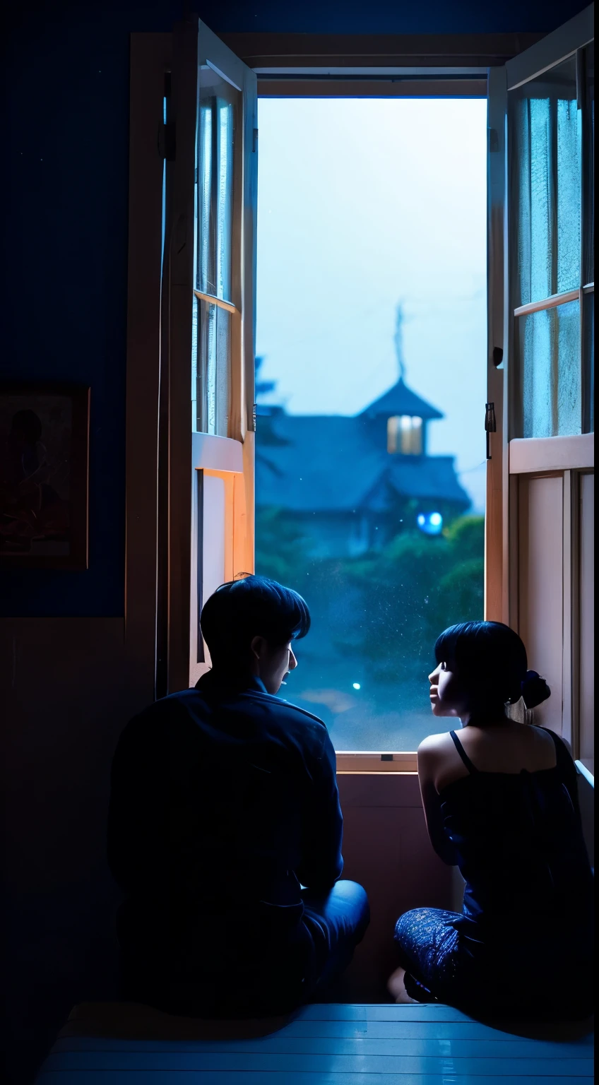 A man and a woman are sitting by the window with their backs looking at the midnight moonlight