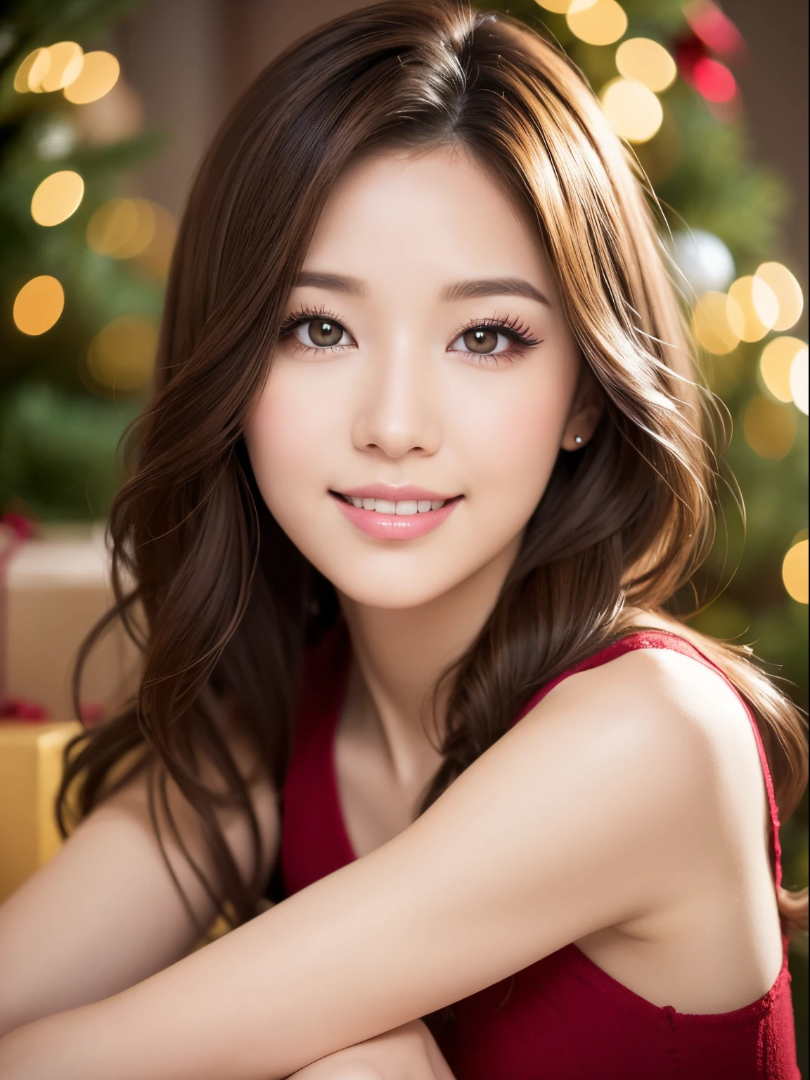 kindly smile,  Best Quality,Above the knee , Christmas Backgrounds ,  masutepiece, hight resolution, (Detailed:1.4), 1 girl, (Natural Eyeliner), light brown hair, Natural-looking makeup, eyeshadows, very thin eyebrows,  Wavy Hair