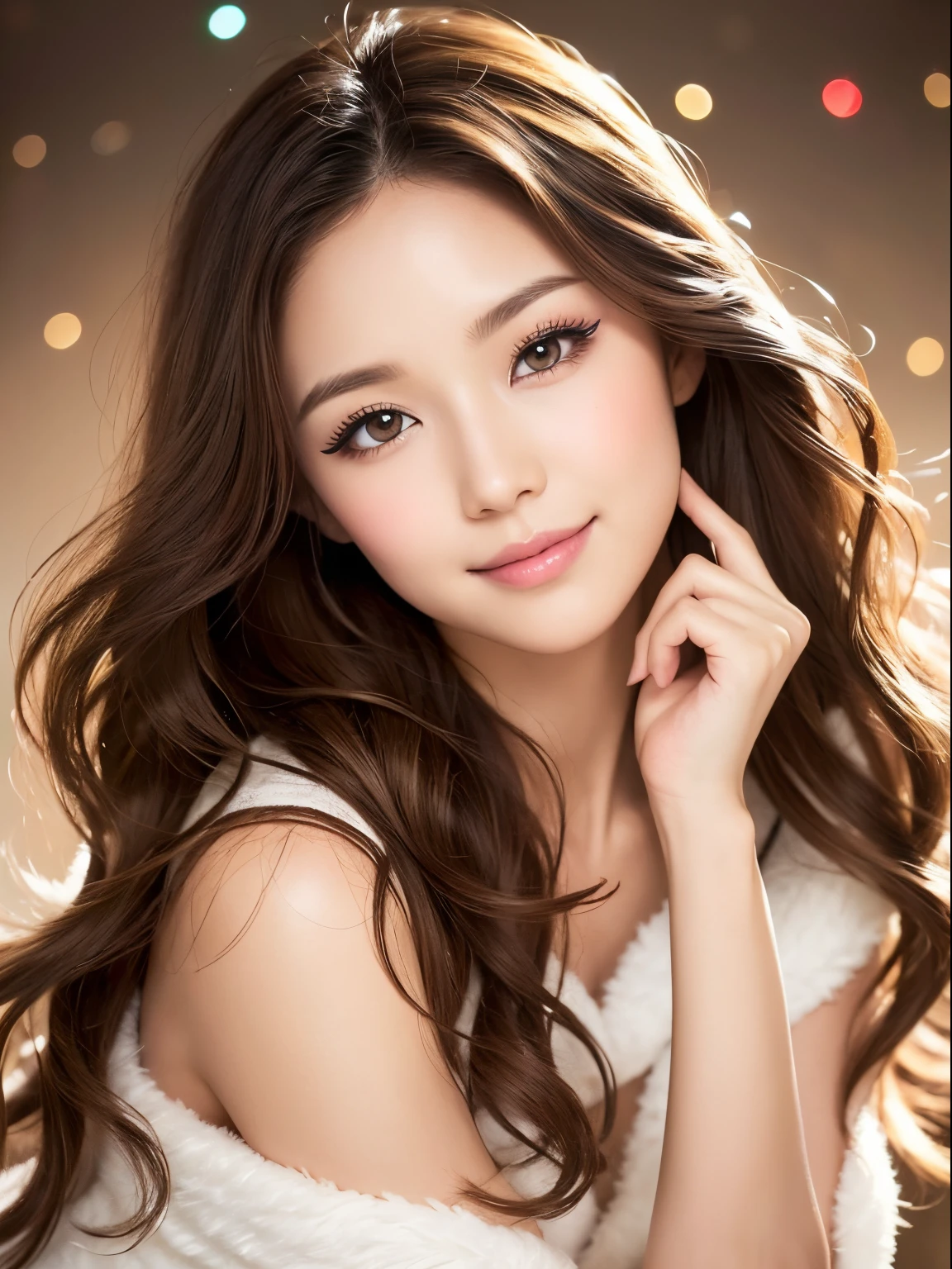 kindly smile, Best Quality,Above the knee , Christmas Backgrounds , masutepiece, hight resolution, (Detailed:1.4), 1 girl, (Natural Eyeliner), light brown hair, Natural-looking makeup, eyeshadows, very thin eyebrows, Wavy Hair