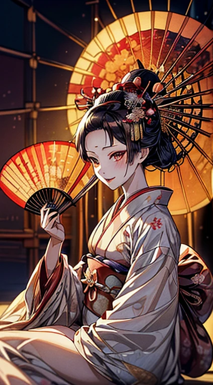 {{{{masutepiece}}}}, {{{Hyper Detailed}}}, {{{hight resolution}}}, {{Good anatomy}}, (((Best Quality))), ((extremely delicate and beautiful)), {{an extremely detailed and delicate}}, {8k cg wallpaper}, {{Illustration}}, (chromatic abberation:1.22), (1girl in:1), Solo, 花魁, (komono:1.2), hiten1,An around 40-year-old woman wearing a kimono sitting on a bed with a fan, japanese kimono, traditional geisha clothing, japanese geisha, goddess of Japan, glamorous and sexy geisha, in a kimono, intricate geisha kimono, A Japanese style, traditional japanese, beauty geisha, Female Geisha Girl, (花魁:1.4)、1girl in,Black hair fringe long hair、Braided hair、disheveled hair、Light brown eyes extraordinary beauty)、(dignified expression)、(Traditional kimono with colorful and shiny luxury Japan:1.4)、(:1.4)、(Photorealsitic)、(intricate detailes:1.2)、(masterpiece、:1.3)、(top-quality:1.4)、(超hight resolution:1.2)、超hight resolution、(A detailed eye)、(detailed facial features)、komonoを着ている_great night of clothes:1.4)、cherry tree moon、Five-storied Pagoda、Japan Temple