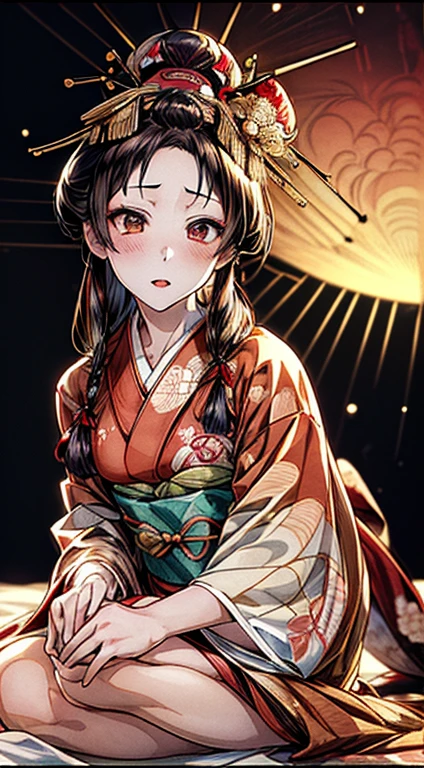 {{{{masutepiece}}}}, {{{Hyper Detailed}}}, {{{hight resolution}}}, {{Good anatomy}}, (((Best Quality))), ((extremely delicate and beautiful)), {{an extremely detailed and delicate}}, {8k cg wallpaper}, {{Illustration}}, (chromatic abberation:1.22), (1girl in:1), Solo, 花魁, (komono:1.2), hiten1,An around 40-year-old woman wearing a kimono sitting on a bed with a fan, japanese kimono, traditional geisha clothing, japanese geisha, goddess of Japan, glamorous and sexy geisha, in a kimono, intricate geisha kimono, A Japanese style, traditional japanese, beauty geisha, Female Geisha Girl, (花魁:1.4)、1girl in,Black hair fringe long hair、Braided hair、disheveled hair、Light brown eyes extraordinary beauty)、(dignified expression)、(Traditional kimono with colorful and shiny luxury Japan:1.4)、(:1.4)、(Photorealsitic)、(intricate detailes:1.2)、(​masterpiece、:1.3)、(top-quality:1.4)、(超hight resolution:1.2)、超hight resolution、(A detailed eye)、(detailed facial features)、komonoを着ている_great night of clothes:1.4)、cherry tree moon、Five-storied Pagoda、Japan Temple