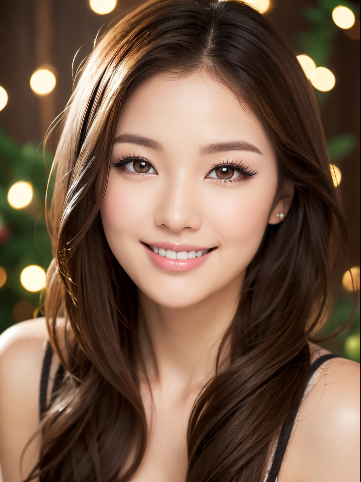 kindly smile,  A smile loved by everyone, Best Quality,Above the knee , Christmas Backgrounds ,  masutepiece, hight resolution, (Detailed:1.4), 1 girl, (Natural Eyeliner), light brown hair, Natural-looking makeup, eyeshadows, very thin eyebrows,  Wavy Hair