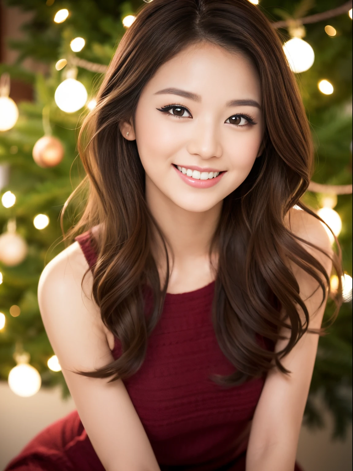kindly smile, A smile loved by everyone, Best Quality,Above the knee , Christmas Backgrounds , masutepiece, hight resolution, (Detailed:1.4), 1 girl, (Natural Eyeliner), light brown hair, Natural-looking makeup, eyeshadows, very thin eyebrows, Wavy Hair