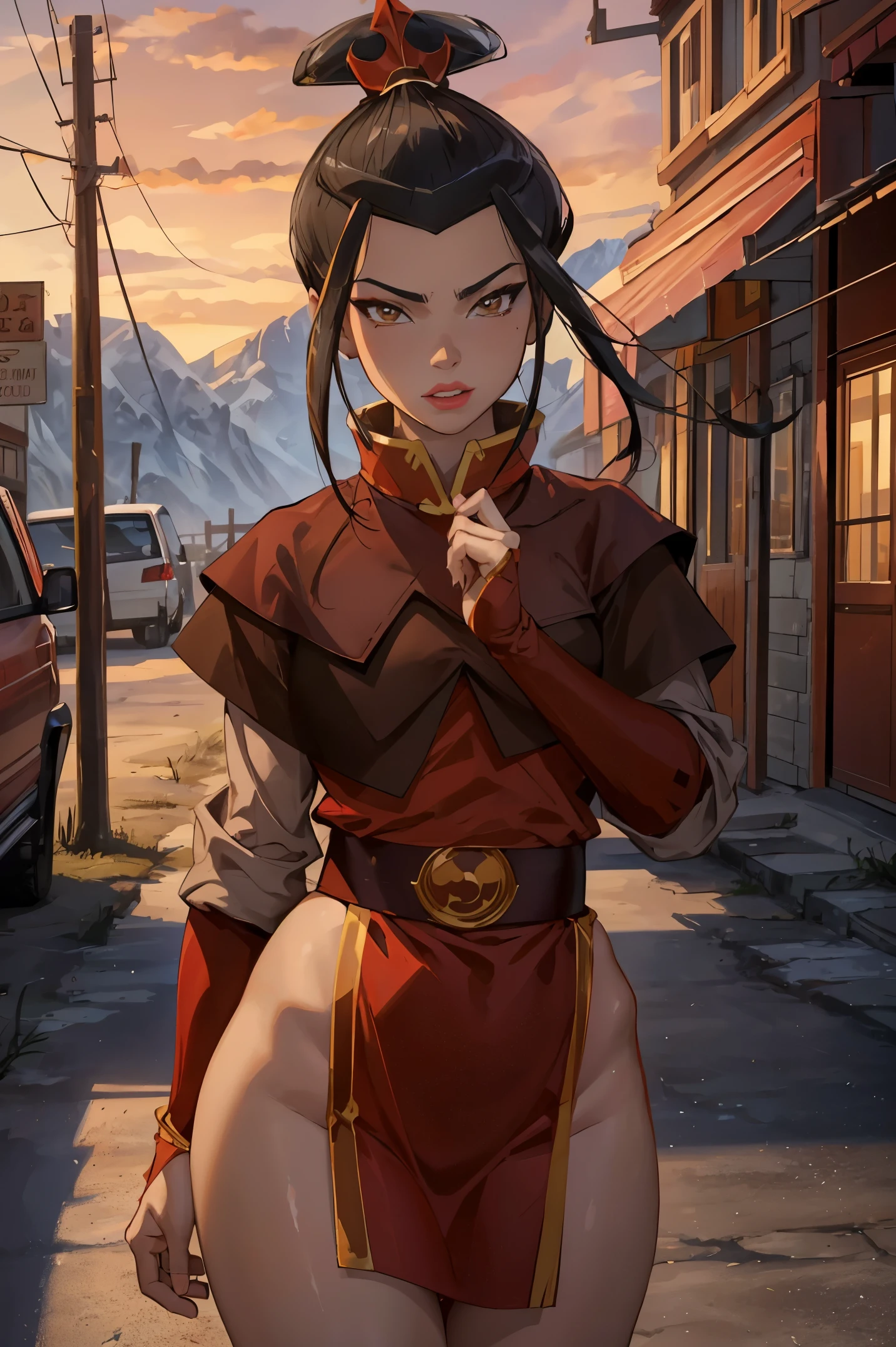 Beautiful, Masterpiece, Best Quality, extremely detailed face, perfect  lighting, Cowboy shot, 1girl, Azula, the perfect body, taut clothes, seductive, pomade, makeup, looking a viewer, wide thighs