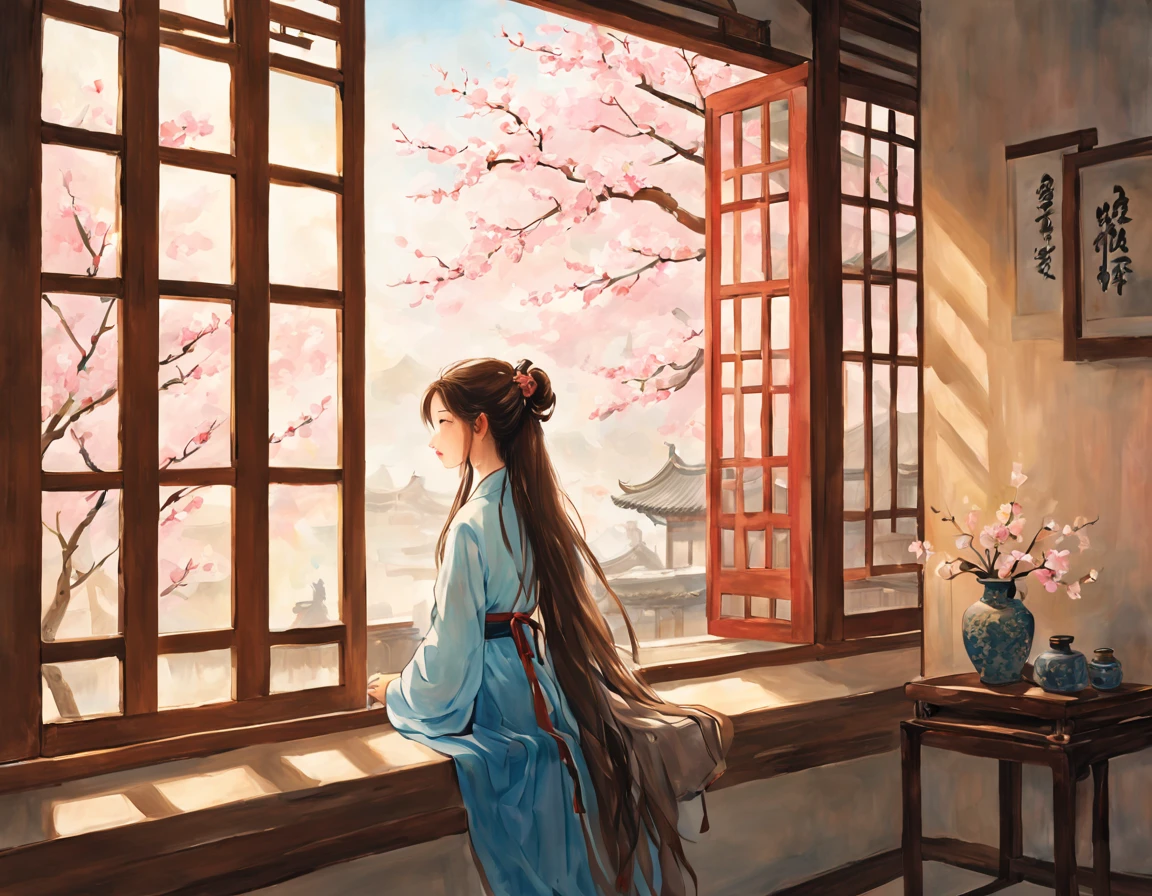 painting of ancient china, there is a back of a young girl sitting in a room in an ancient china house, the young girl has long flowing hair, she is happily looking out of the window, calming atmosphere, peaceful, soft, spring, cherry blossom outside the window, only 1 girl in the picture