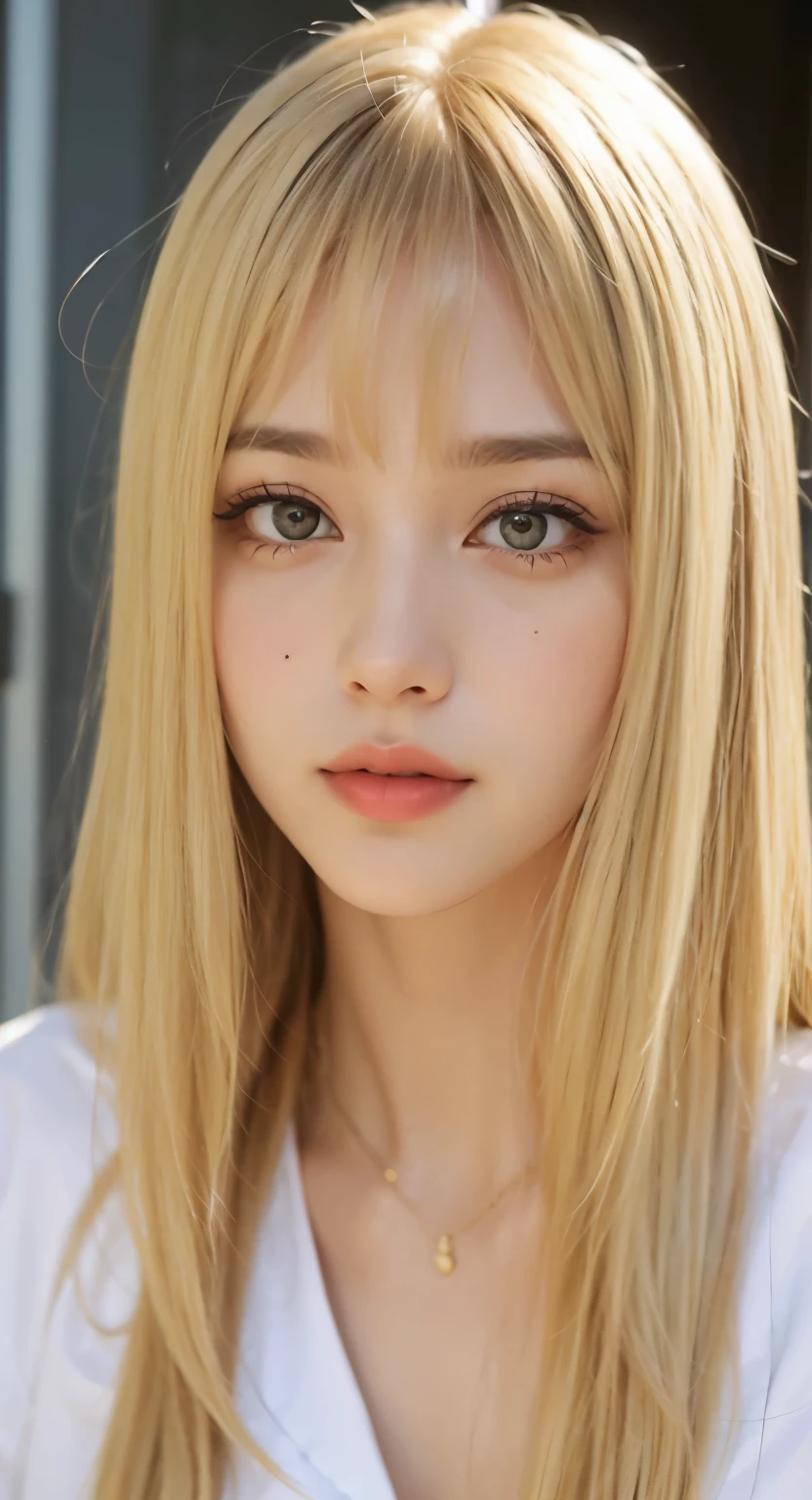 Uma gata loira, franja, Beautiful, realismo, olhos amarelos, orelhas de gato com pelagem amarela