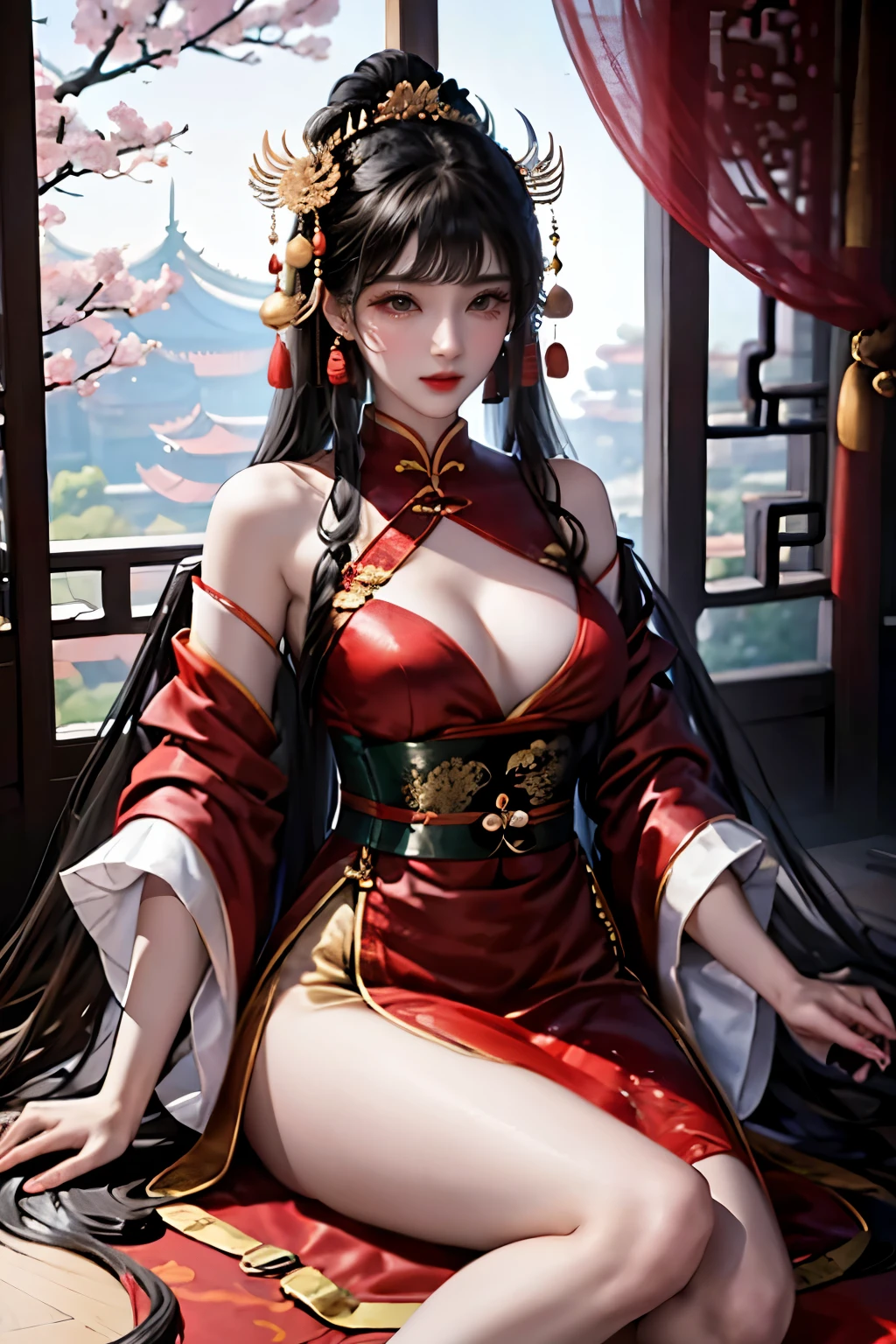 1 girl, 独奏,Chinese clothes，Hanfu，（sweet lippubodyesbian，tmasterpiece, Best quality, 8K, 电影灯光, 超高分辨率,, hair adornments,, black hair color hair, hairflower, Chinese art, Hanfu, partial, asian architecture interior，, 身体的上半partial,Hanfu、jewely、longer sleeves、ear nipple ring，