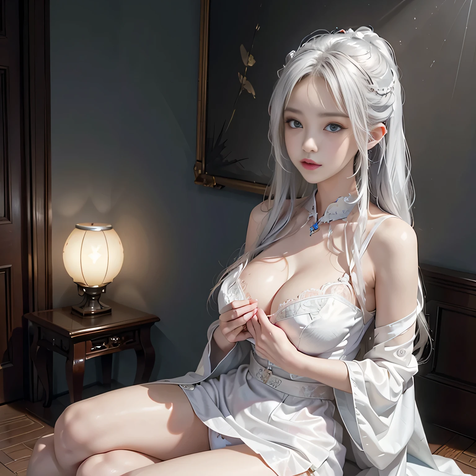 Photorealsiticです, High resolution, 1womanl, 独奏で, hips up high, view the viewer, (Detailed face), White hair, Long hair, maid clothes, Jewelry、Blue eyes、white  hair、silber hair、((Beautiful breasts :1.1)), (Exposed breasts）0p、mix４, (Best Illustration: 1.1), (Best Shadow: 1.1)、Very beautiful breasts、Grasp your breasts with both hands、 Spread your legs、sexual excitement、 expressions、shinny skin。realisitic、Photorealsitic:1.37)、）（closing eye）、(Kpop Idol)、lying on one's side、dishevled hair、Medium Hair、(Pink blush)、(illuminating)、(独奏)、dynamicposes、((The erection))、(Puffy eyes:1.２)、 (Slim legs)、erotick、nffsw、Highly detailed ambient occlusion、超A high resolution, 超realisitic, Highly detailed, (Clothes that don&#39;t yawn)