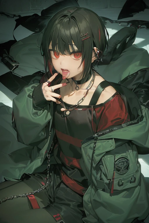 ((1 juvenile))、、((thin-waist))、de pele branca、((khaki hooded coat、Red and black horizontal striped shirt、short-hair、Black hair with red mesh、hair pin、Red cheeks、sticking out the tongue、a choker、piercings、Chain Necklace、Black Cargo Pants、Tomboy、ahe face))