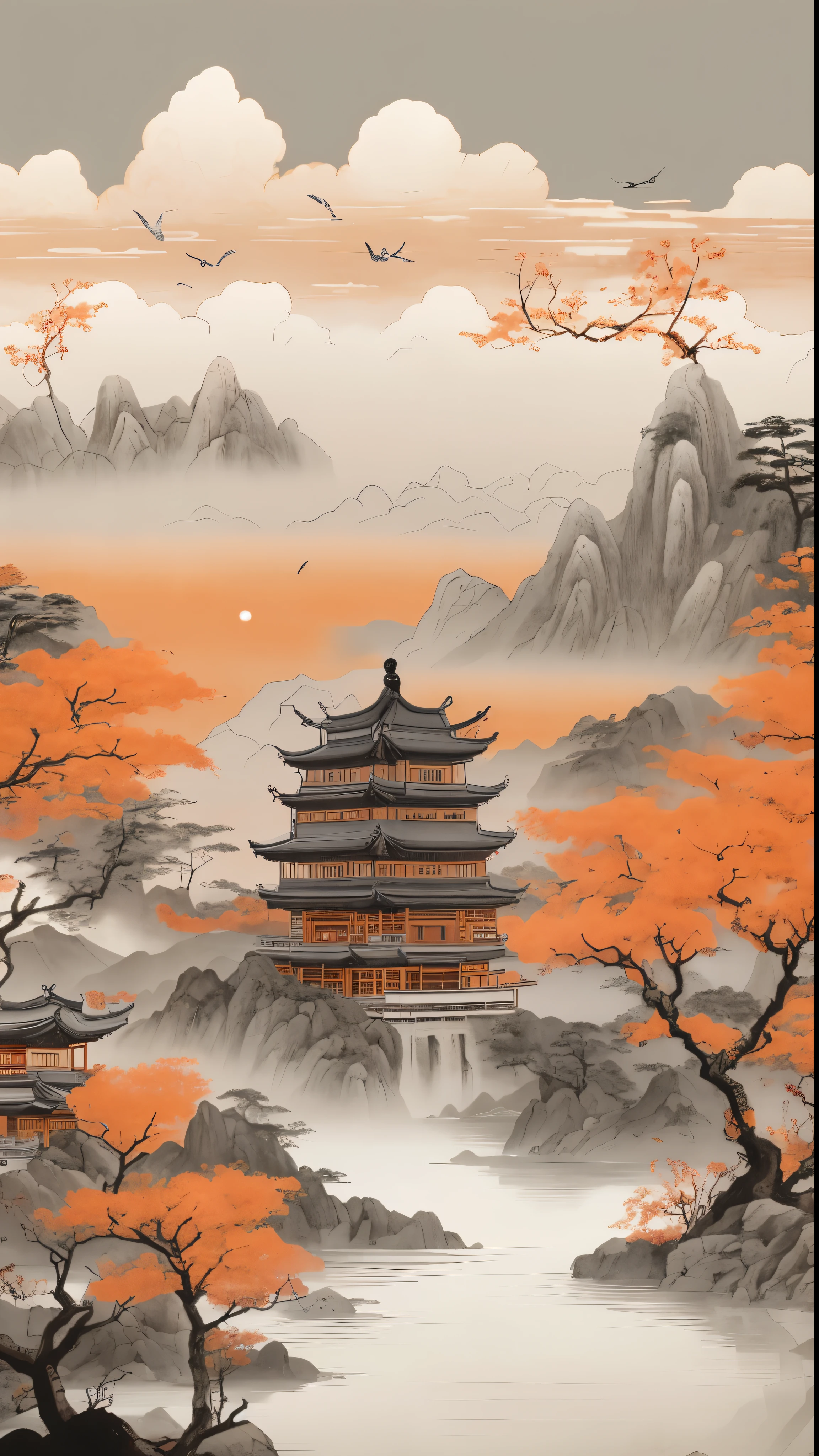 Mid-level pagoda painting, oriental wallpaper, digital painting of a pagoda, zen a temple background, Chinese landscape, a temple background, chinese paintings, chinese paintings风格, traditional japanese painting, chinese watercolor style, Detailed view – width 672, japanese painting, ancient japanese painting, ancient china art style, landscape artwork，Xinchang Zen Temple