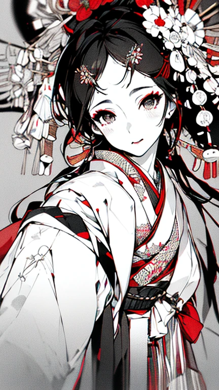 {{{{masterpiece}}}}, {{{hyper detailed}}}, {{{highres}}}, {{good anatomy}}, (((best quality))), ((an extremely delicate and beautiful)), {{an extremely detailed and delicate}}, {8k cg wallpaper}, {{illustration}}, (greyscale with colored background:1), white and black background, (chromatic aberration:1.2), upper body, mature female, (1girl:1), solo, oiran, (japanese clothes:1.2), medium breasts, hiten1,