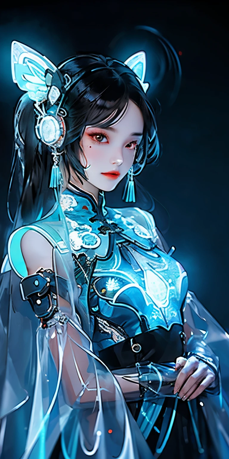 1 girl, Chinese_clothes, liquid silver and orange, cyberhan, cheongsam, cyberpunk city, dynamic pose, detailed luminous headphones, glowing hair accessories, long hair, glowing earrings, glowing necklace, cyberpunk, high-tech city, full of mechanical and futuristic elements, futuristic, technology, glowing neon, orange, orange light, transparent tulle, transparent streamers, laser, digital background  sky, big moon, with vehicles, best quality, masterpiece, 8K, character edge light, Super high detail, high quality, the most beautiful woman in human beings, micro smile, face facing front and left and right symmetry, ear decoration, beautiful pupils, light effects, visual data, silver white hair, super detail facial texture