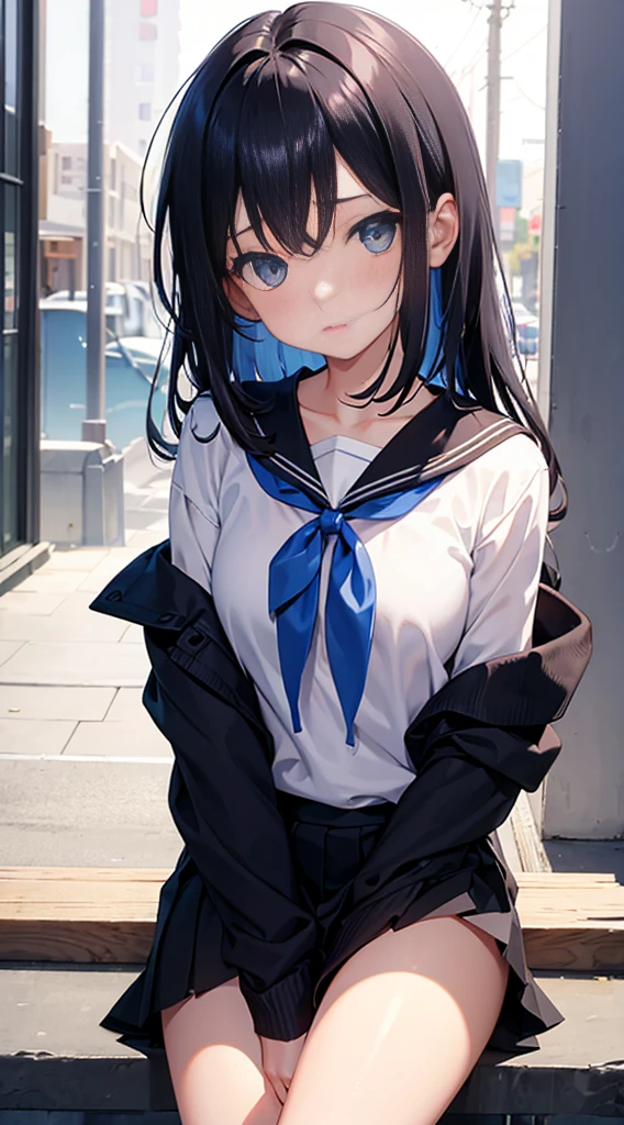 best quality, ultra precision, 1girl, cute, girl, young, boyish, childiedium breasts, black hair, messy hair, blue short hair, A little long hair eyes, beautiful eyes, girl, ecstasy, sailor collar, estrus, metestrus, start to undress, naughty mood, she loves you, lost virgin, virgin, blush, sexy, beautiful skin, big bow on chest, BLUE SWEATER, WHITE SHIRT, SHIRT UNDER SWEATER, OFF SHOULDER TOP) TSUNDERE 15 YEARS ol Short black skirt, sexy pose Sit on the stairs