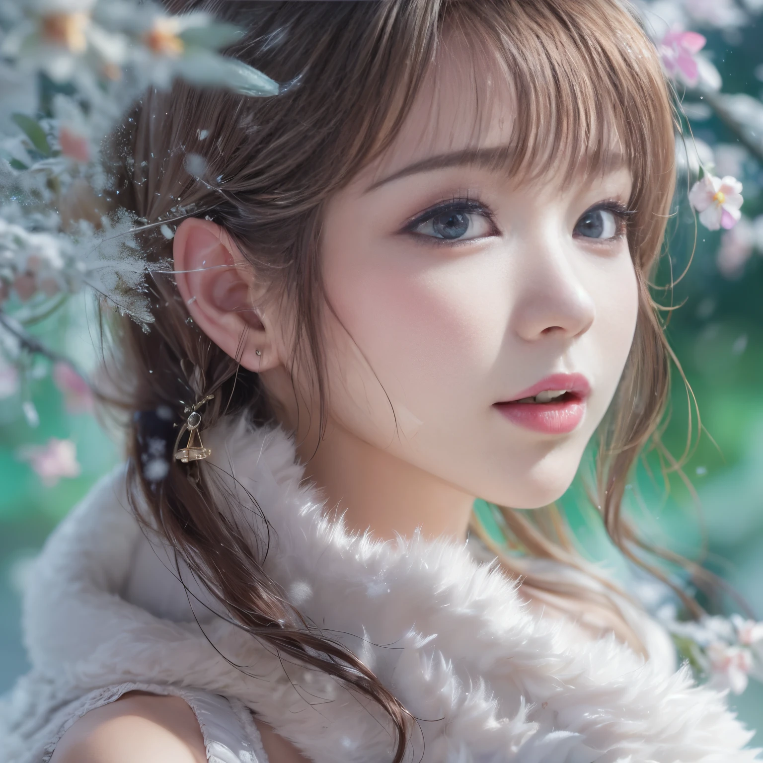 Sakura Miyawaki , Look up and smile、natural make up、Glossy lips、Snow Fairy、Snow Girl、Snow Costume、、(realisitic、hight resolution)、(1人のgirl with)、Snow Girl、Do-Up Eye、Sakura Miyawaki, girl with、(Best Quality), (masutepiece), (1girl with), Solo, a beauty girl, Perfect face, dreamlikeart、Highly detailed airbrush art((Surreal))、Volumetric lighting、(top-quality)、The ultra-detailliert、(The composition of the movement:1.4)、Highly detailed colorful details with proper lighting)、dynamic compositions、Ray traching、The mirror reflects light、Shallow depth of field、ultra-detailliert、mixing  exposure、nffsw、Her eyes are shining、Her face full of anticipation and courage、girl withの唇に笑顔が現れる。 At the rear、snow mountains、snow mountains、snow mountains、