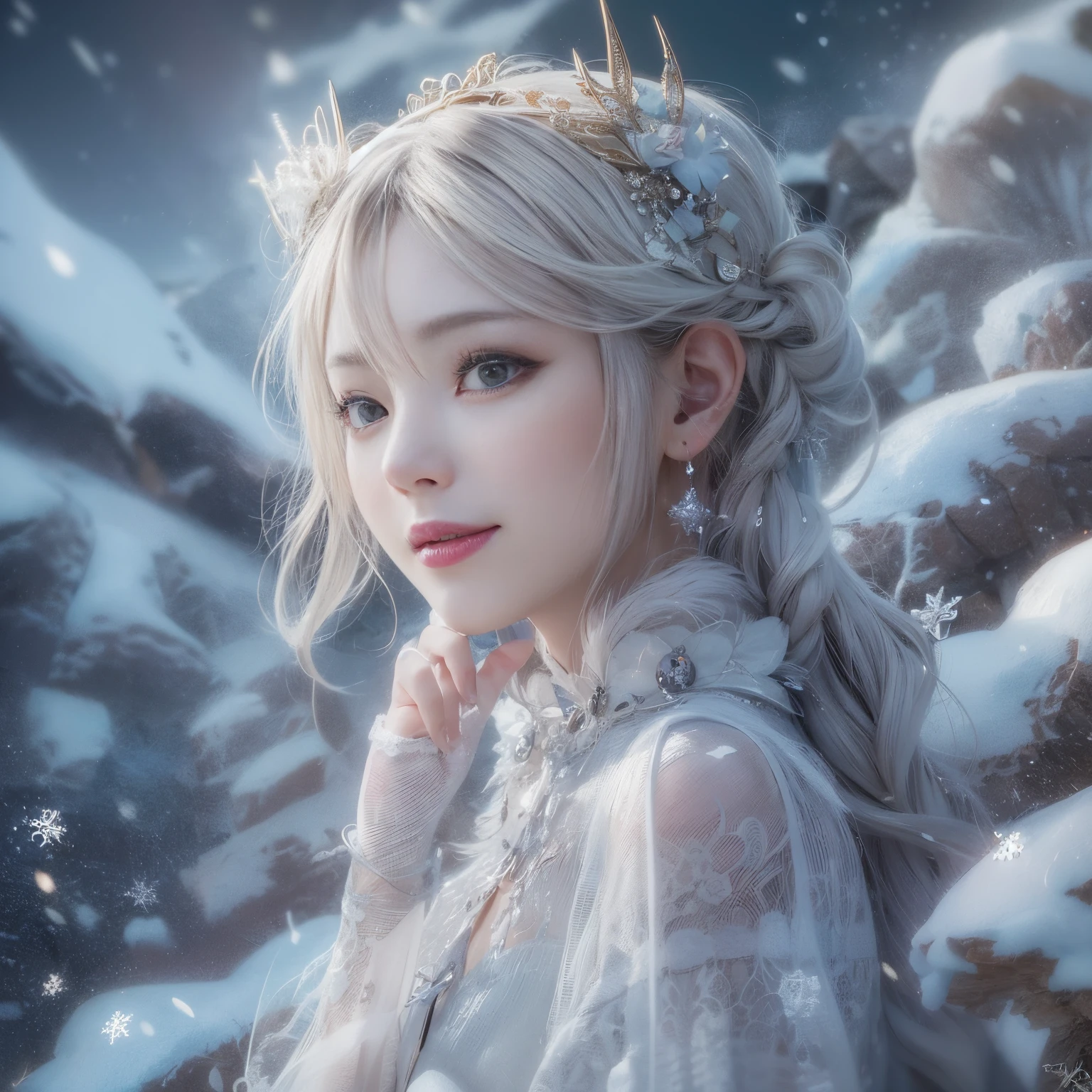 Sakura Miyawaki , Look up and smile、natural make up、Glossy lips、Snow Fairy、Snow Girl、Snow Costume、、(realisitic、hight resolution)、(1人のgirl with)、Snow Girl、Do-Up Eye、Sakura Miyawaki, girl with、(Best Quality), (masutepiece), (1girl with), Solo, a beauty girl, Perfect face, dreamlikeart、Highly detailed airbrush art((Surreal))、Volumetric lighting、(top-quality)、The ultra-detailliert、(The composition of the movement:1.4)、Highly detailed colorful details with proper lighting)、dynamic compositions、Ray traching、The mirror reflects light、Shallow depth of field、ultra-detailliert、mixing exposure、nffsw、Her eyes are shining、Her face full of anticipation and courage、girl withの唇に笑顔が現れる。 At the rear、snow mountains、snow mountains、snow mountains、