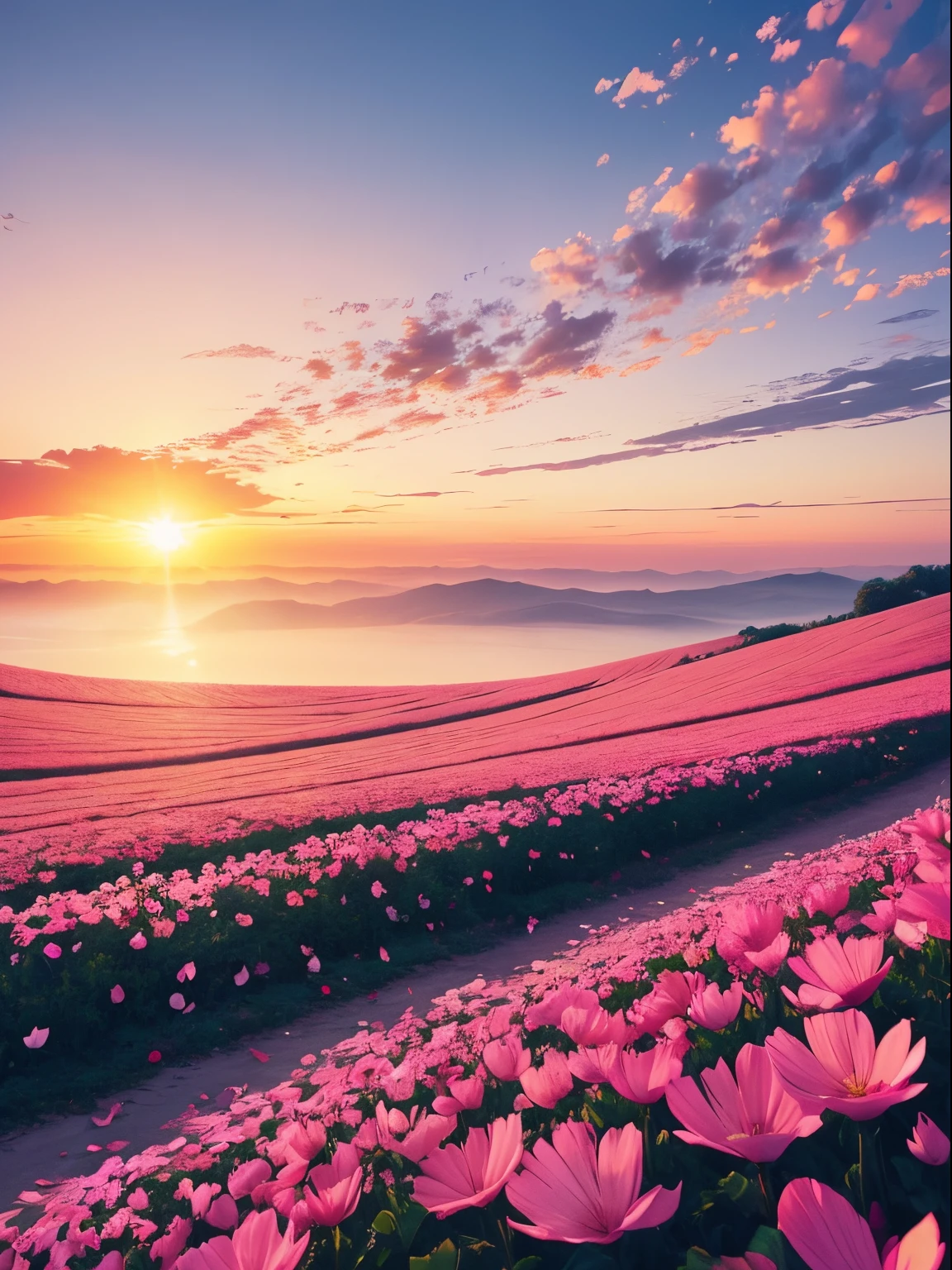 beautiful sunrise scenery, Petals flutter , Pale shades