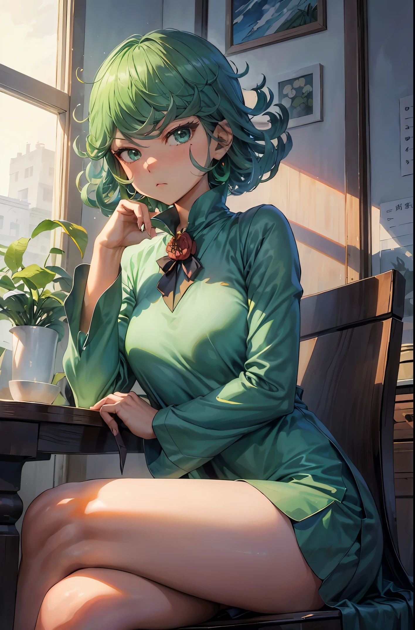 (Masterpiece, Best Quality:1.2), 独奏, 1girl, tatsumaki, unamused, closed mouth, looking a viewer, hand on our face, sitting, Short dress,big thighs,crossing leg