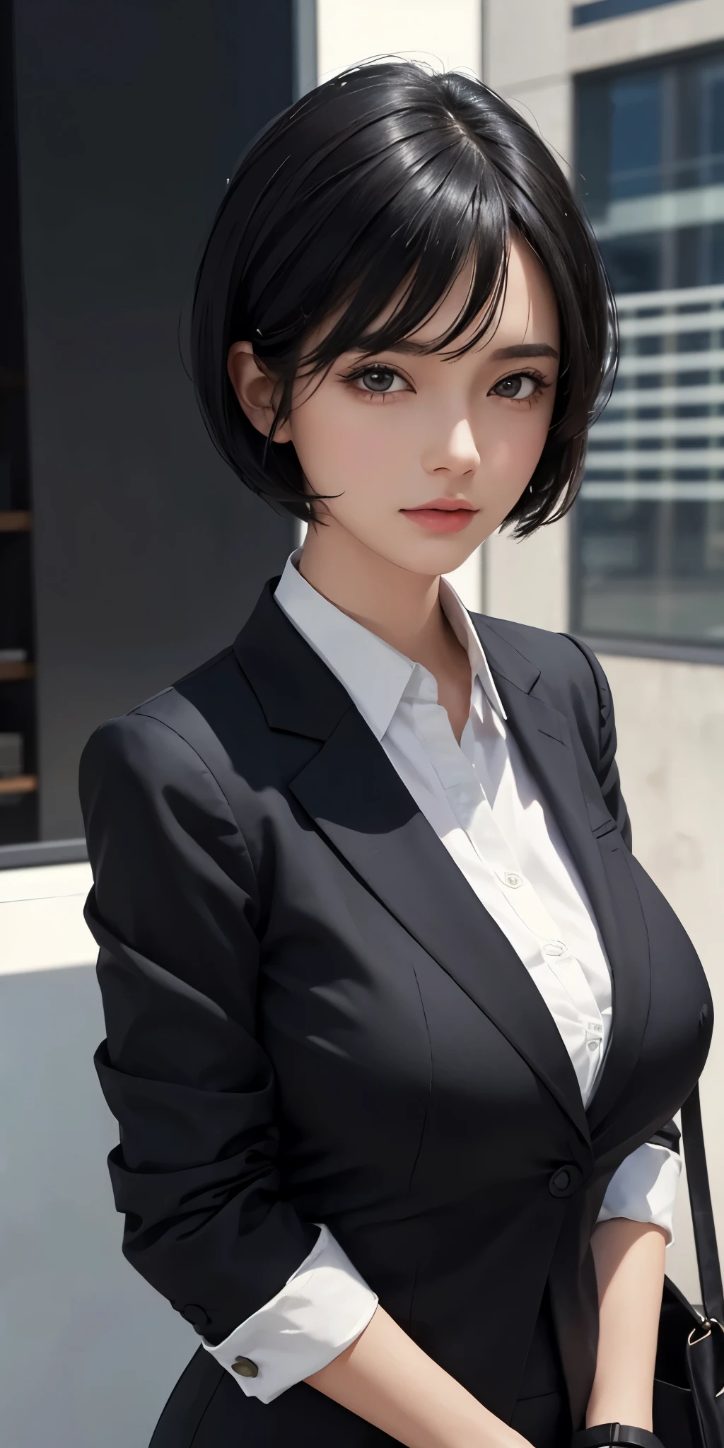 1girl,huge breast, black  hair, short hair, business clothes,high quality, ultra detailed, masterpiece, realistic