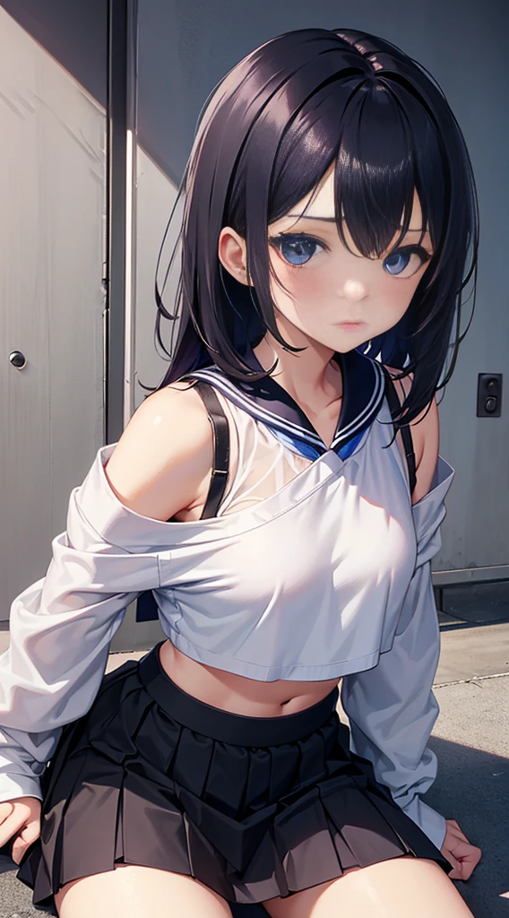 best quality, ultra precision, 1girl, cute, little girl, young, boyish, childish, Medium breasts, black hair, messy hair, blue short hair, A little long hair eyes, beautiful eyes, girl, ecstasy, sailor collar, estrus, metestrus, start to undress, naughty mood, she loves you, lost virgin, virgin, blush, sexy, beautiful skin, big bow on chest, BLUE SWEATER, WHITE SHIRT, SHIRT UNDER SWEATER, OFF SHOULDER TOP) TSUNDERE 15 YEARS old, Short black skirt, sexy pose Sit on the stairs