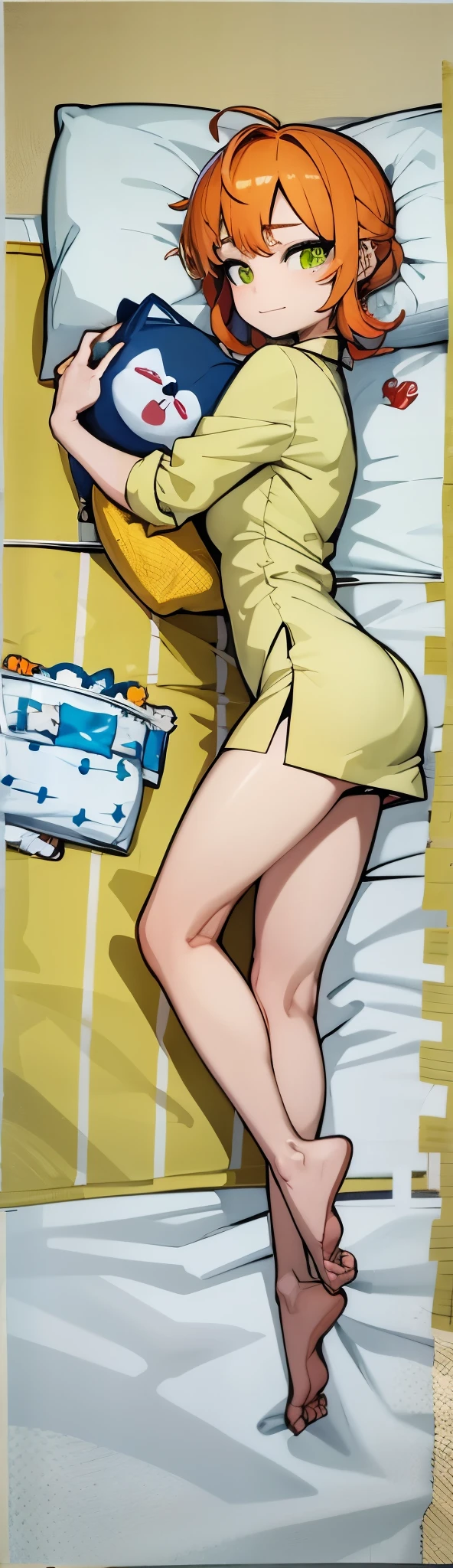 (flatcolors:1.3),(One color:1.3),(tmasterpiece:1.2),(Perfect lines:1.3),Best quality at best,A girl in bed, A happy expression appeared on her face, Hand holding cute cat head shaped pillow. girl lying on side, fully visible in frame. She has an anime-style round hairstyle,(Uniform figure),green loungewear,;oda'oda'oda'oda'There's another pillow on the bed next to her, The girl has orange hair,Wearing a cute pajama set. 图像应该是Best quality at best, 4k画质, Demonstrate ultra-detailed and realistic features. Known for its beautiful and beautiful illustrations.,The color tone should be warm and comfortable, The lighting is soft and soft,Perfect body proportion
