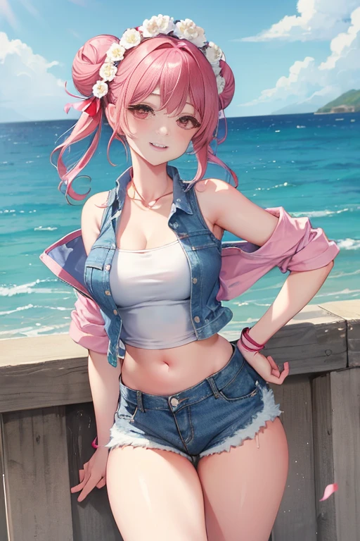 (Highest resolution, clear_image) highest quality, a female's masterpiece, Very detailed, Semi-realistic,(Most of the body), (highest quality, masterpiece, Ultra-realistic),Magenta hair, Straight Cut, , , Shadows appear in the eyes, short hair, ,Part your bangs in the center、I can see your forehead, ,,、The whole body from head to foot、、、Emerald blue and white blouse、without jacket、Full body shot to the toes、The way you pamper yourself in the port town、、Laugh innocently like a 、Relax in the bedroom、Calisthenics、hot pants、Shorts