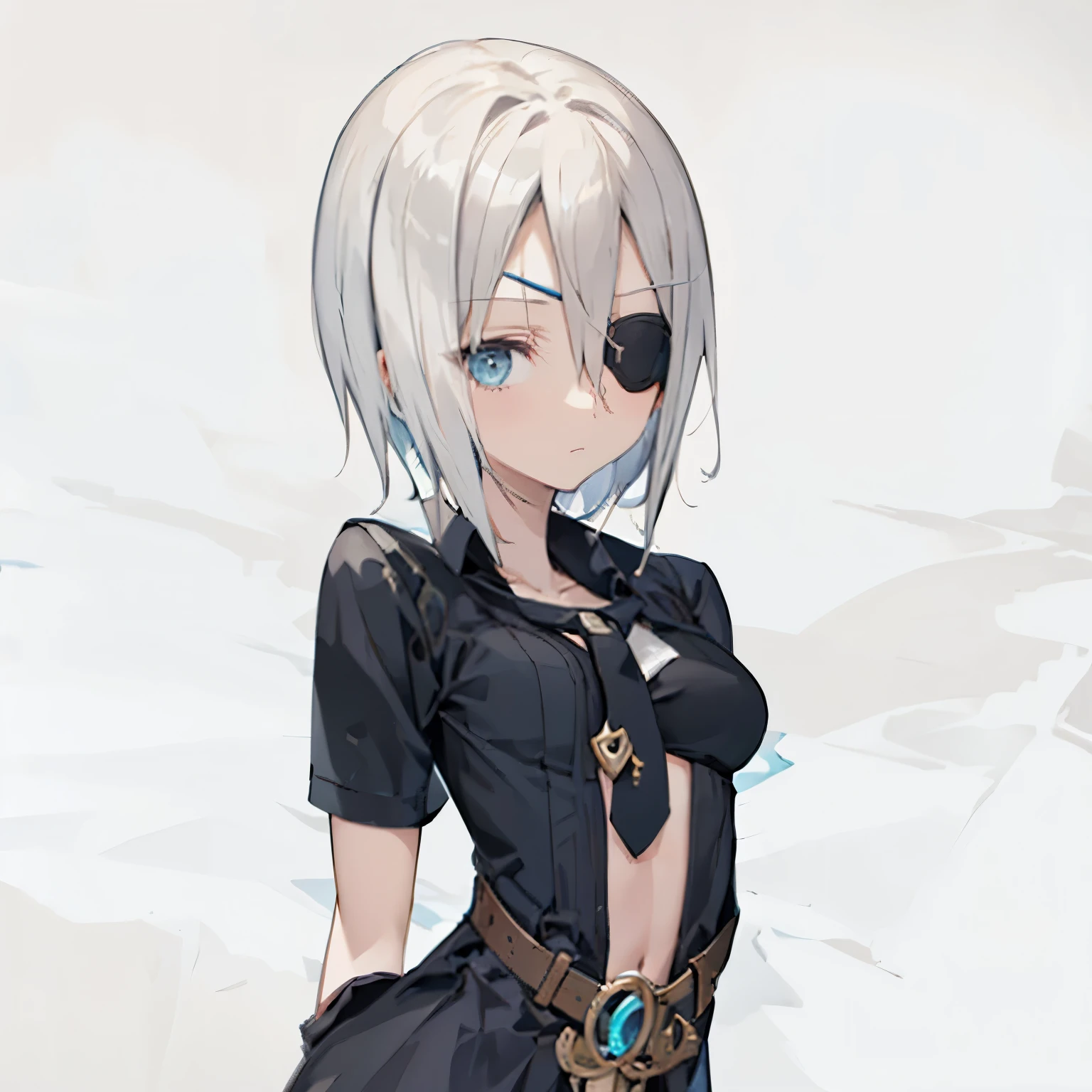 【Highest Quality, masutepiece】 [girl, black eyepatch ,Manteau, expressioness, front facing,turquoise eye, White hair, short cut hair ,Upper body] no smile,