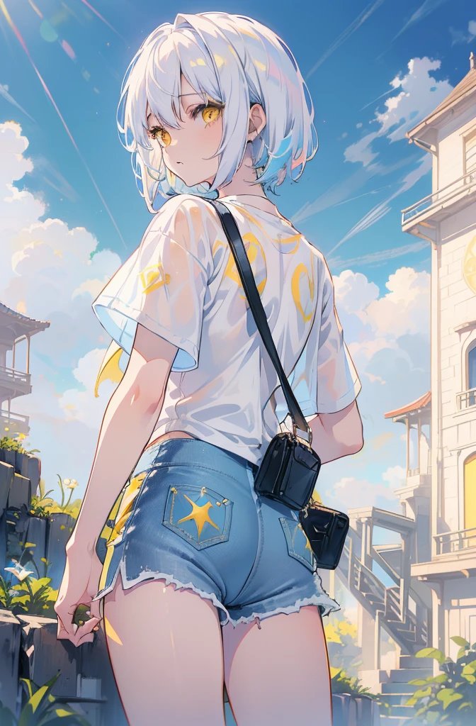 animesque、hight resolution、absurderes、one girls、white  hair、(lob cut hair:1.2)、(yellow  eyes:1.2)、(Wearing a plain white shirt:1.3)、(Blue Denim Shorts:1.3)、Dynamic Pose、The upper part of the body、cowboy  shot、、beatiful lights、Colorful portrait、Surrounded by nature and the sky