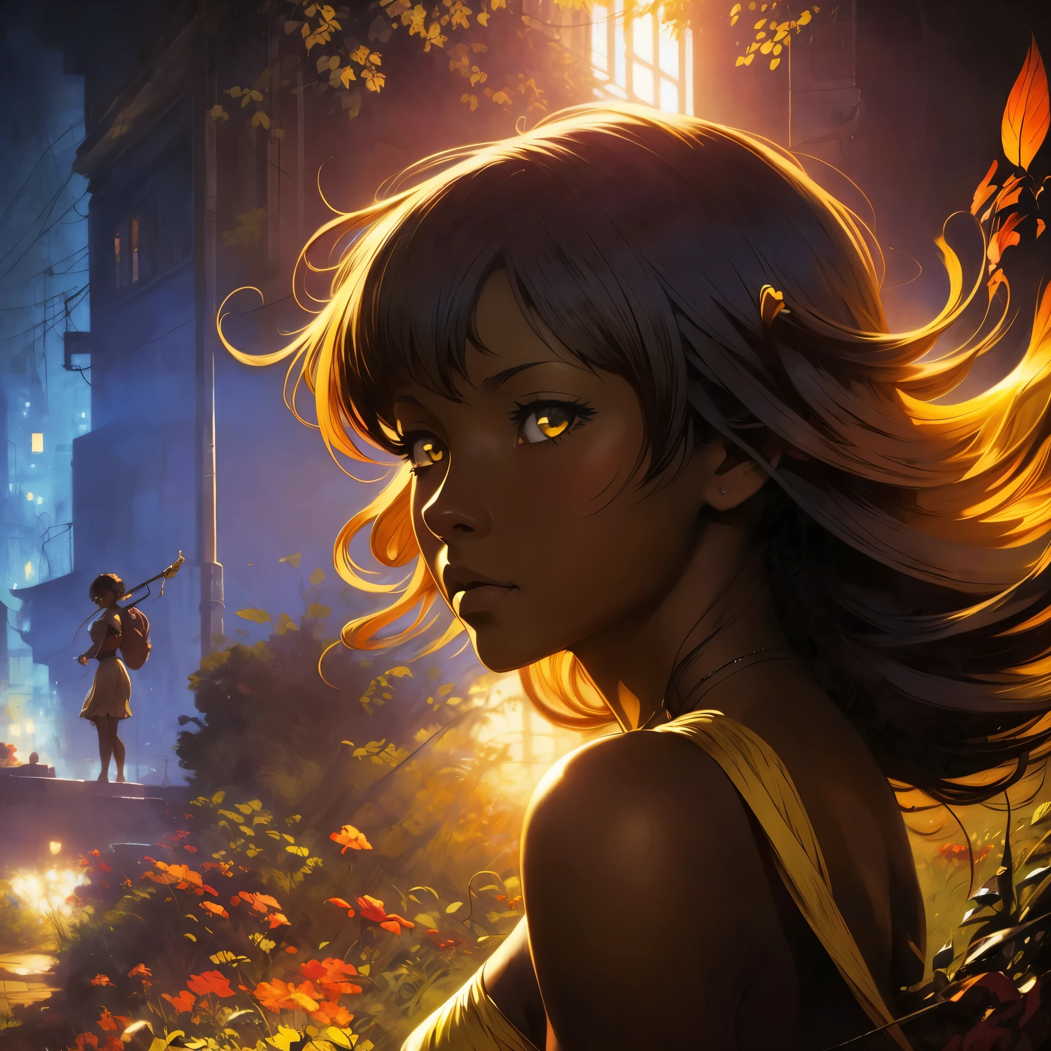 ((Solo Beautiful Carribean woman with dark skin and striking eyes)),  shadowed interior background, art by akihiko yoshida, manga art style, colorfield illustration, scary atmosphere, global illumination, by frank frazetta, art by goro fujita, glamor shot, banner, blur, anime key visual, (blue, yellow and gray colors), photorealistic dramatic anime girl, intricately detailed, chiaroscuro, pino daeni, impressionist