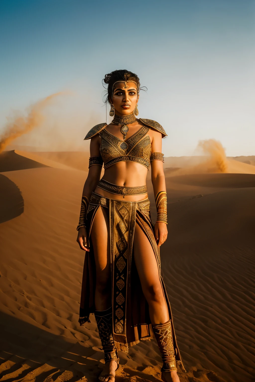 hyper ultra realistic photographs full body of A fierce desert warrior, her face painted with intricate markings, stands alone against a sandstorm, her scimitar glinting in the dying light. ratio 16:9, 4k, 8k resolution, High quality photo, high detailed images