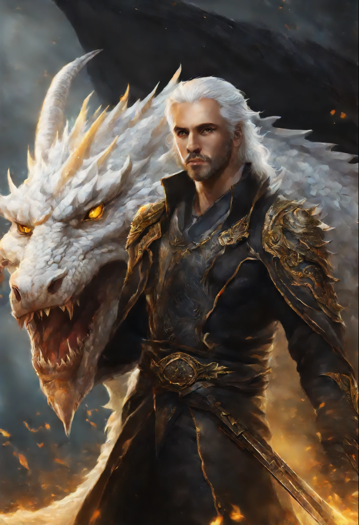 Man with long silver-white hair, in purple medieval clothes next to his huge and fierce purple dragon. In the background, a gigantic and majestic castle