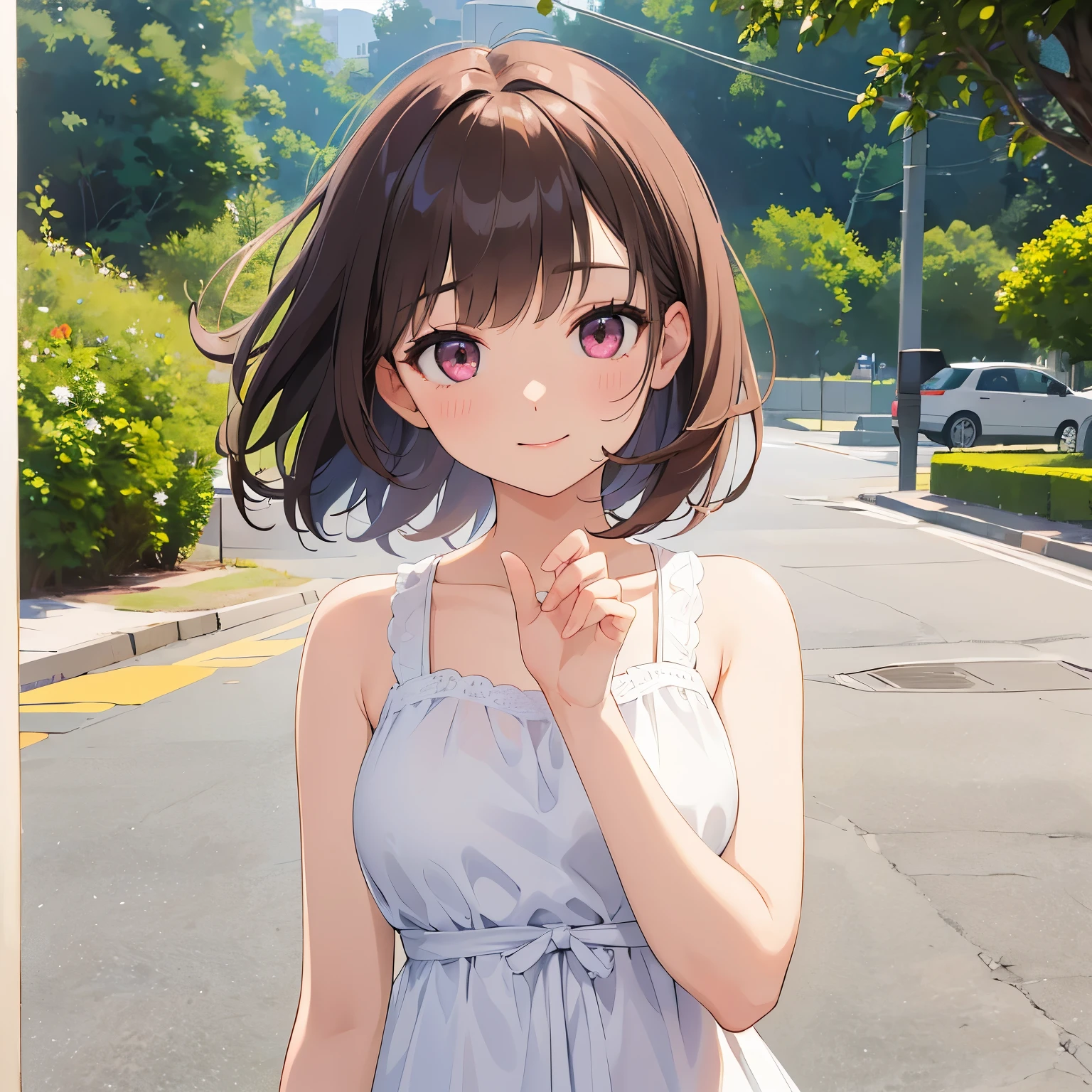 waving at viewer、masterpiece、top-quality、 A 25-year-old woman with medium hair and pink eyes with brown bangs.、Wearing a white one-piece dress、(shy:1.3)、smile, (Staring:1.5)、is standing、Background outside、Bold composition、Upper body is shown、Alone、