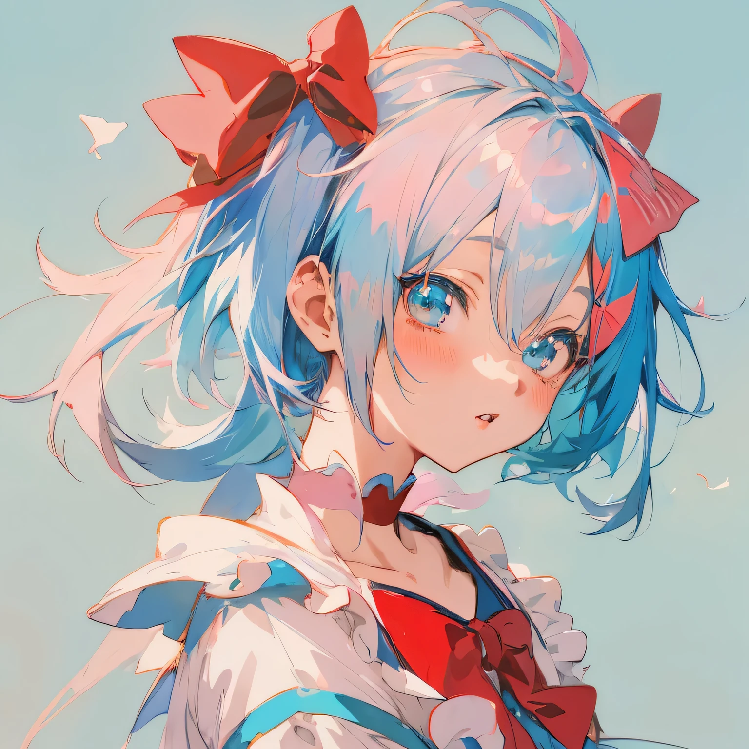 Anime girl with blue hair and red bow in a blue sky - SeaArt AI