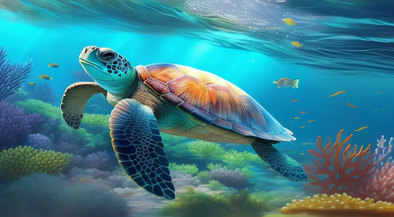 There is a turtle swimming in the ocean with corals and fish, The is very detailed digital painting, The is very detailed digital artwork, digital painting The is very detailed, Isometric 3d fantasy turtle, 伟大的利维坦Turtlen, The is very detailed digital art, The is very detailed 4 k painting, Turtlen, with light glowing,The is very detailed, The is very detailed的数字绘画, The is very detailed painting, Detailed and realistic colors