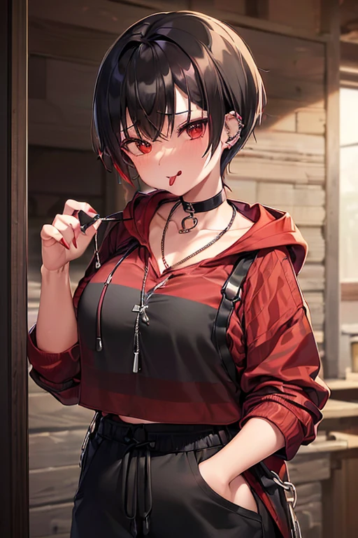 ((1 juvenile))、、((thin-waist))、de pele branca、((huge udder))、((khaki hooded coat、Red and black horizontal striped shirt、short-hair、Black hair with red mesh、hair pin、Red cheeks、sticking out the tongue、a choker、piercings、Chain Necklace、Black Cargo Pants、Tomboy、ahe face))